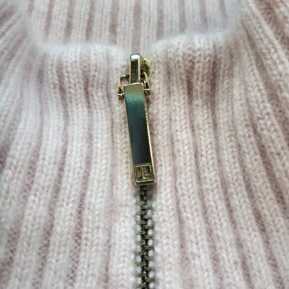 RALPH LAUREN 100% CASHMERE Pale Pink Gold Zip Logo Cable Knit Turtleneck Sweater - Picture 9 of 9